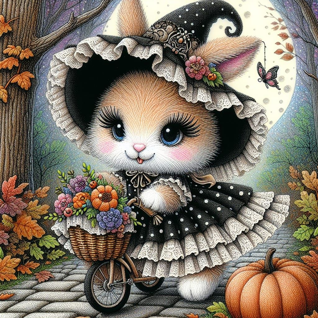 Whimsical Bunny Witch Rides Bicycle in Autumn Woods