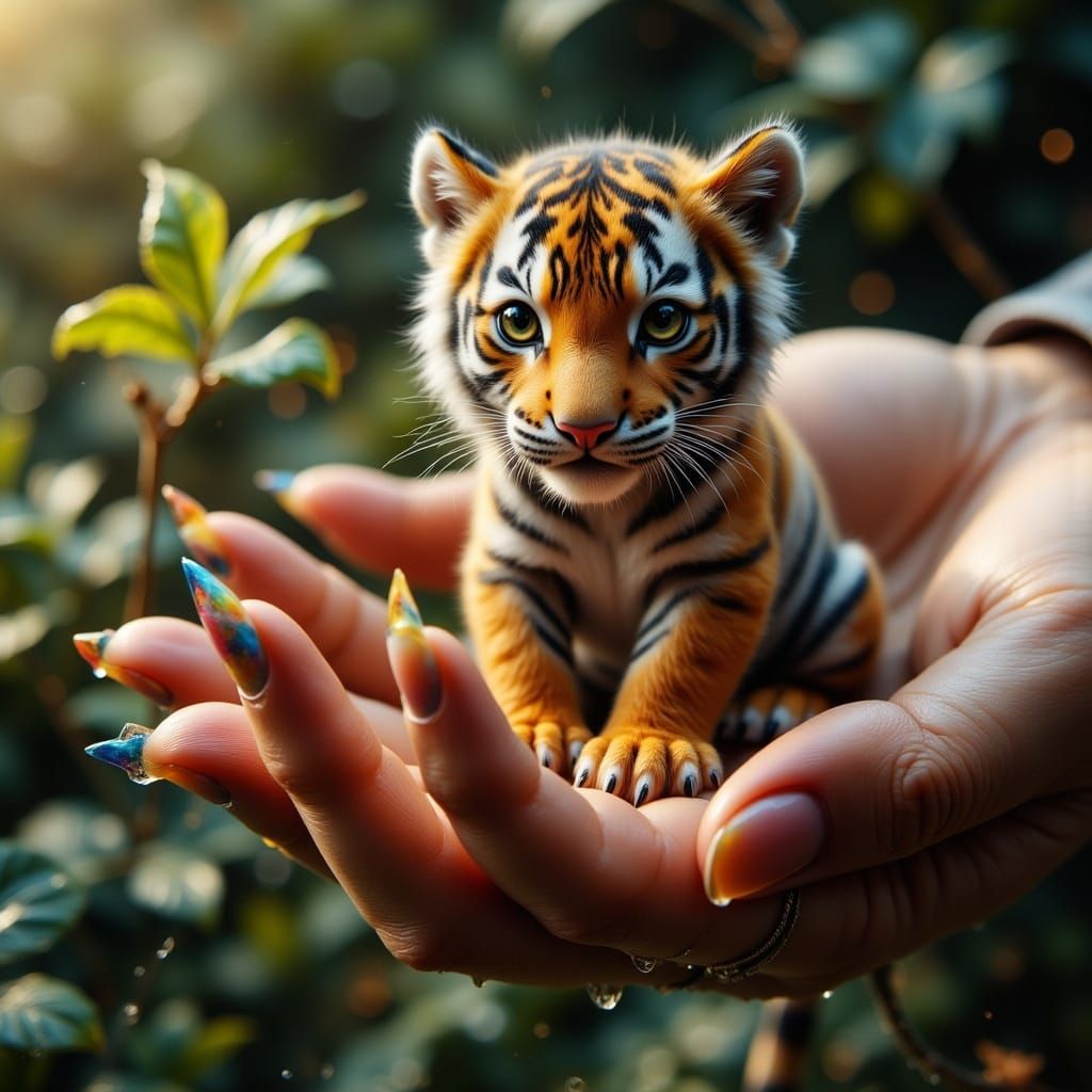 Tiny Tiger Settles in Gentle Hand with Rainbow Nails