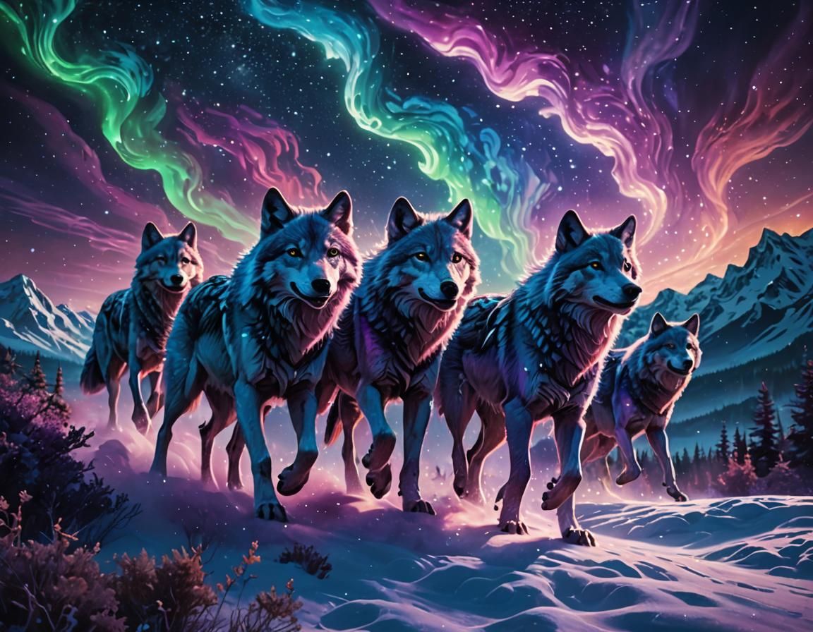 Futuristic Fantasy Landscape with Glowing Wolves
