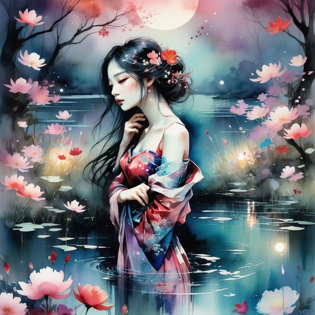 Dreamy Lake Glade at Night in Watercolor Style