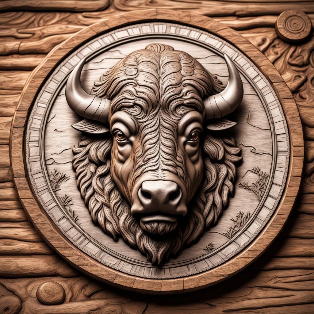 Bison Coin Wood Carving in Hyperrealistic Style