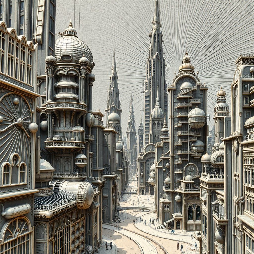 Fractal Retrofuturism Teslapunk Cityscape with Spirograph Li...