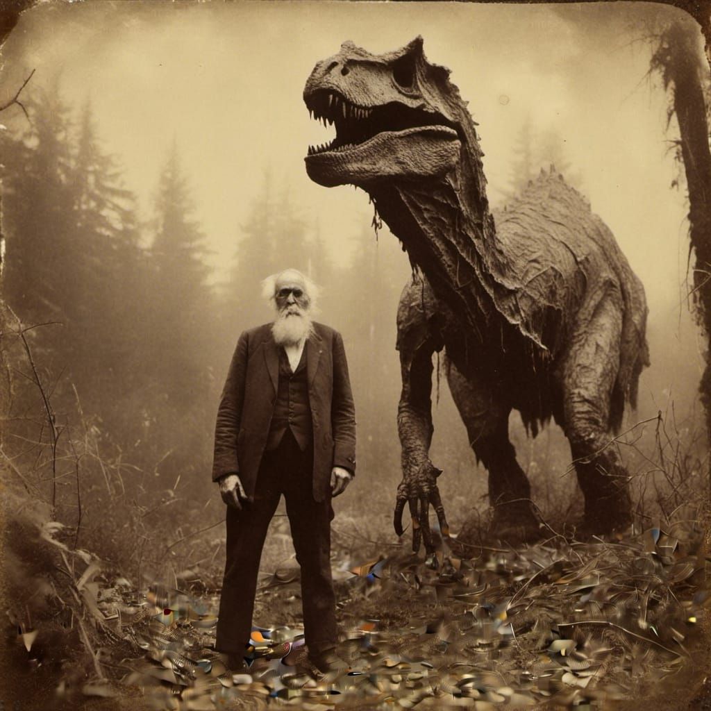 Old Man and Dinosaur in Macabre Vintage Style