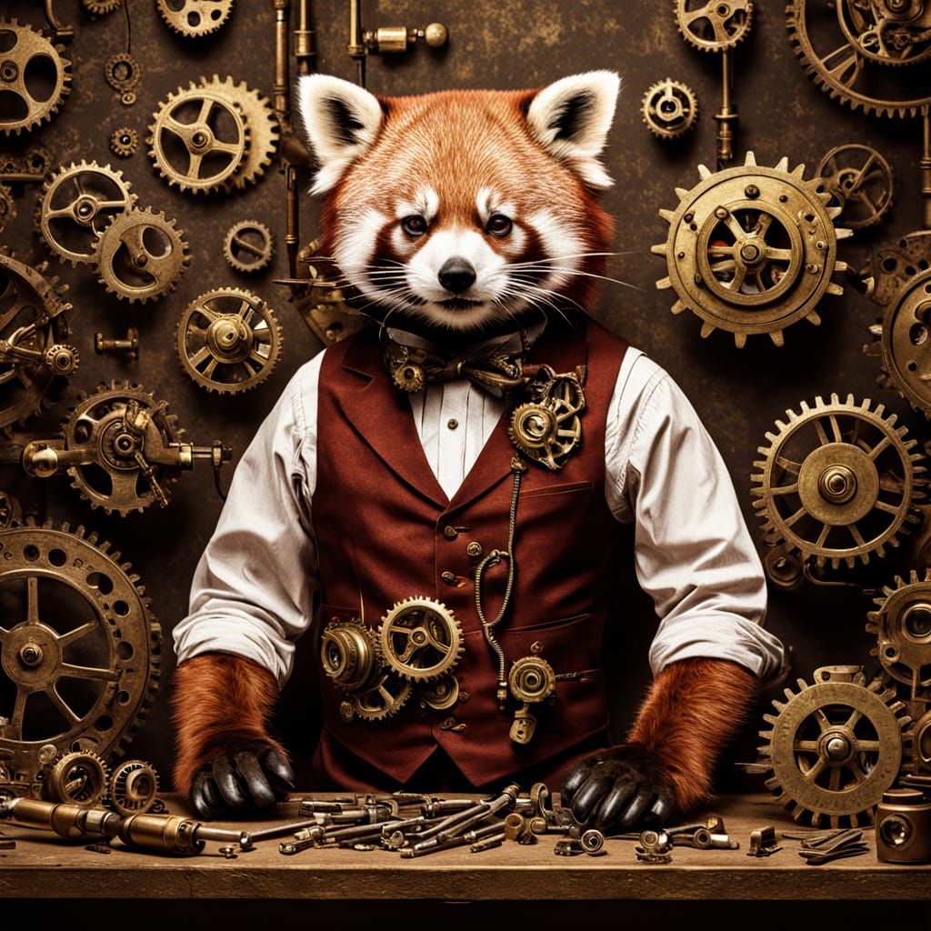 Steampunk Red Panda Tinkers with Clockwork in Dusty Workshop
