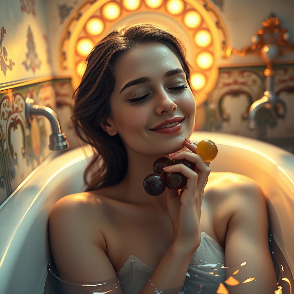 Elegant Woman in Bathtub, Surrounded by Luxurious Details in...