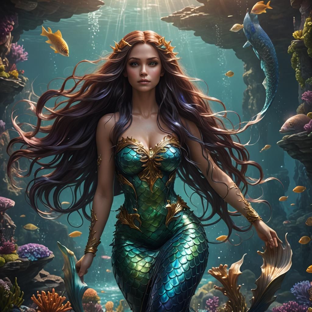 Fantasy Mermaid with Flowing Hair in 8k