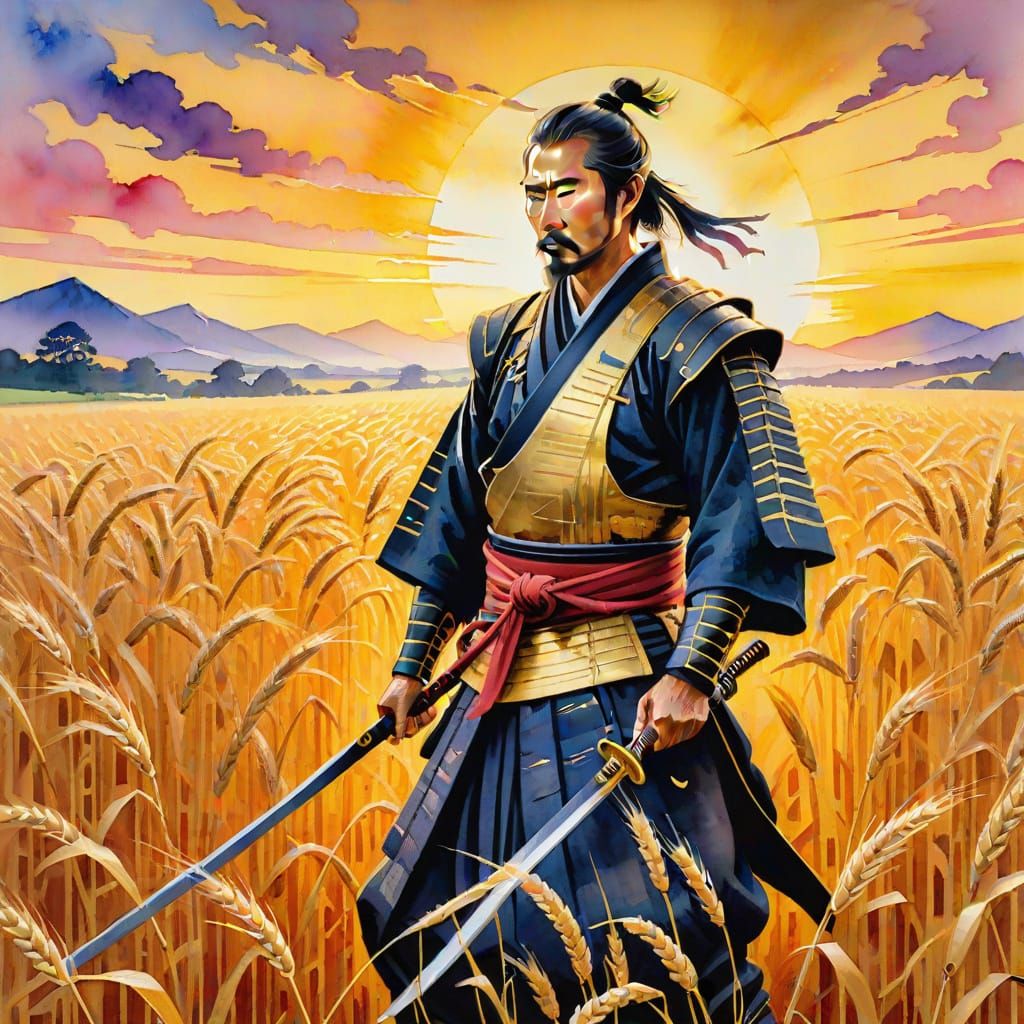 Kintsugi Samurai in Wheat Field, Watercolor Painting