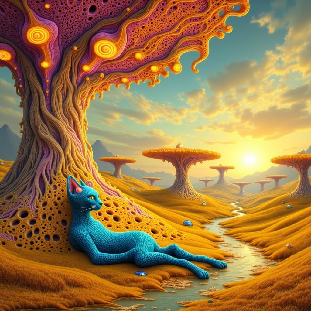 Dreamlike Feline at Sunset in a Surreal Meadow