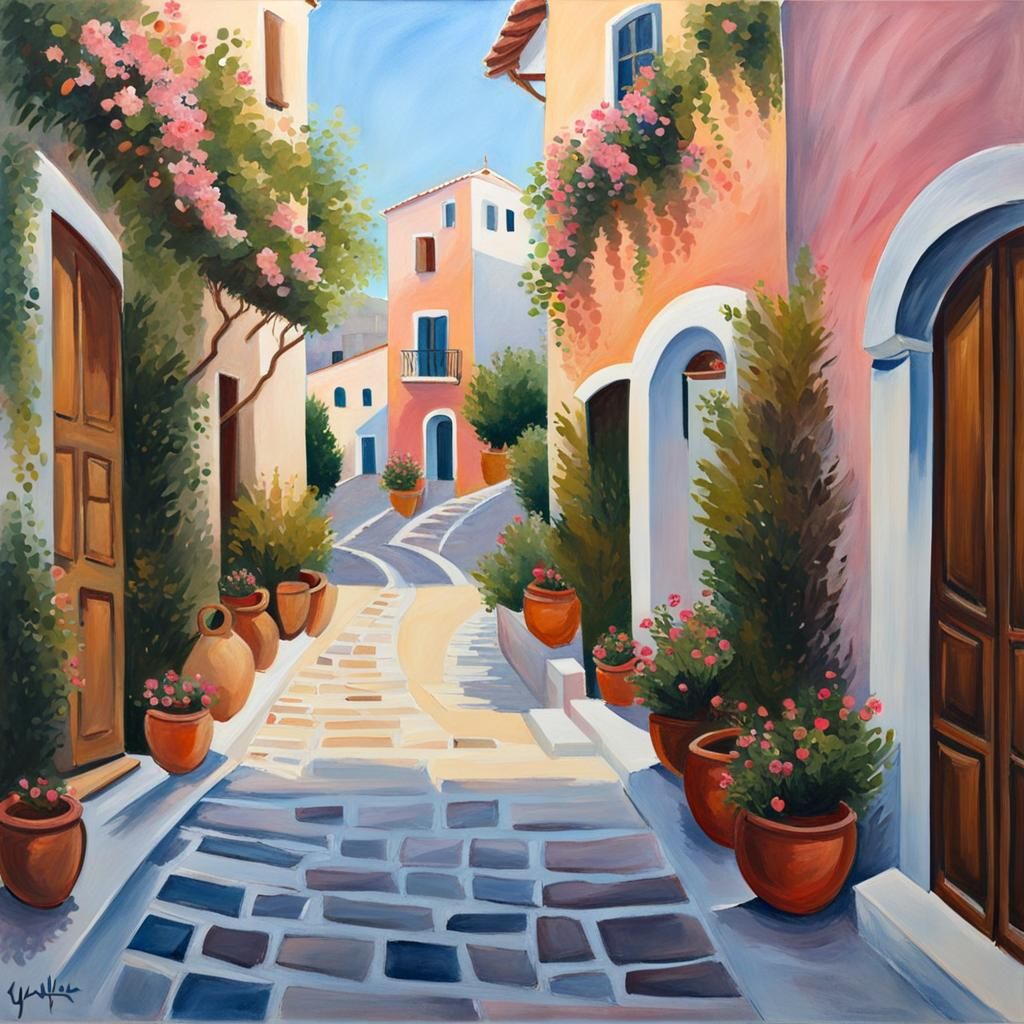 Sunrise in heart of Greek island village in the valley with ...