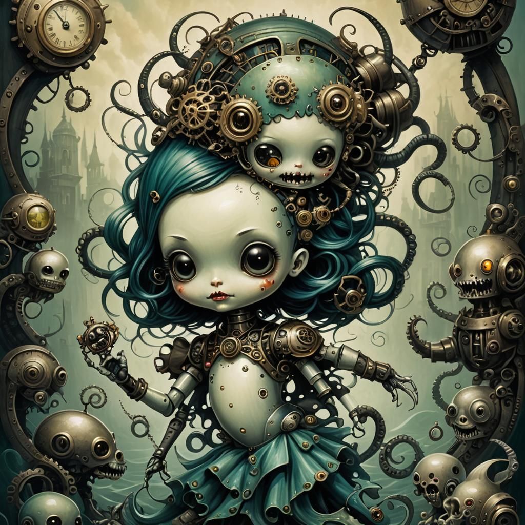 Steampunk Robot Mermaid with Octopus Features