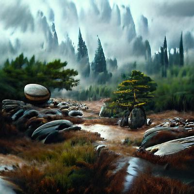 Misty Pine Forest Landscape in Oil Painting