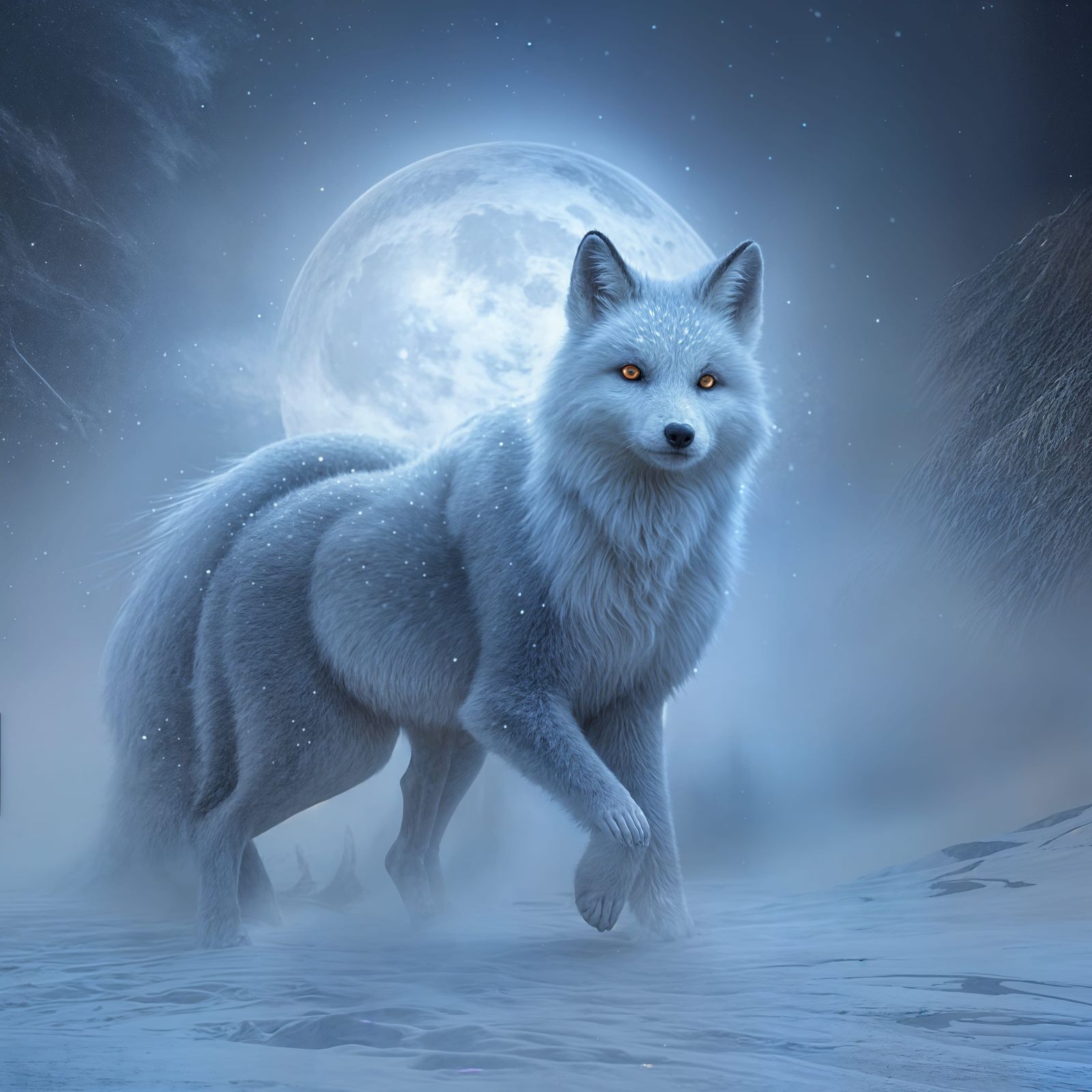 White Fox in Snowy Moonlight Fantasy