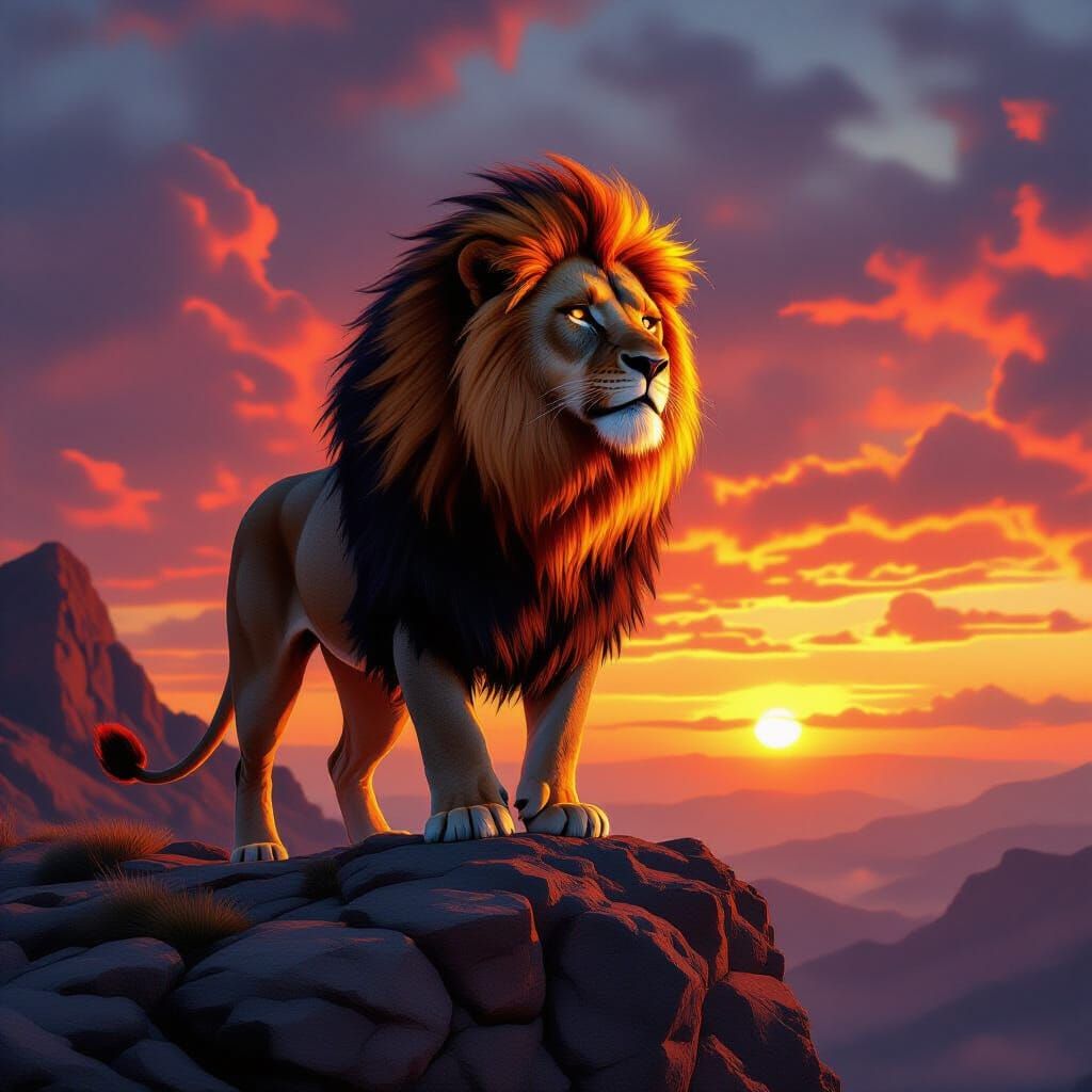 Fiery Lion on Rocky Crag at Sunset: Digital Matte Painting