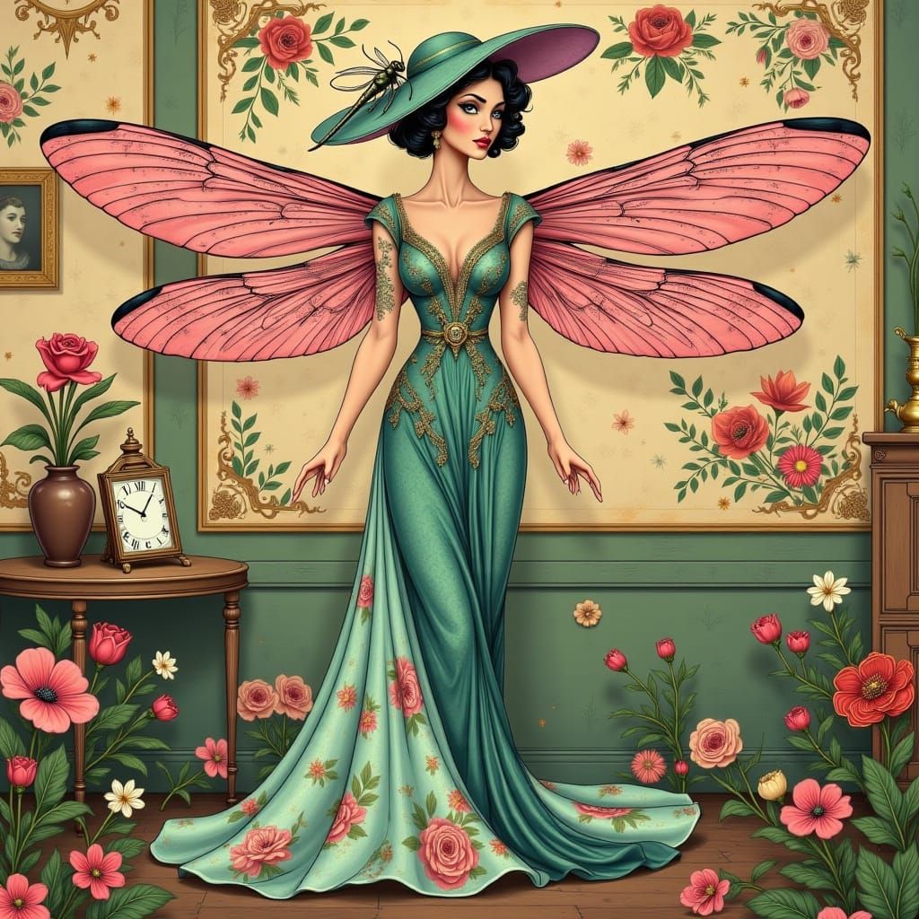 Surreal Flapper Dragonfly in Aqua Floral Cafe