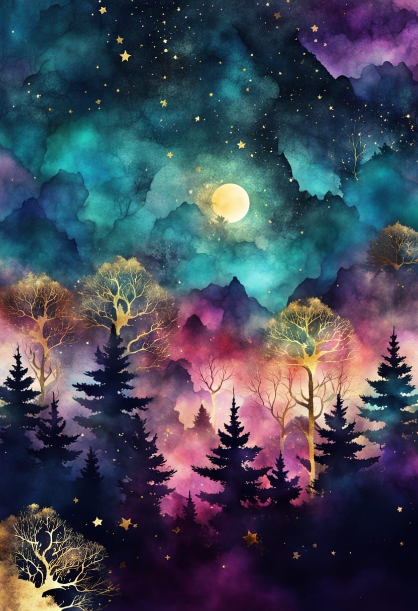 Surreal Forest Dreamscape in Watercolor Style