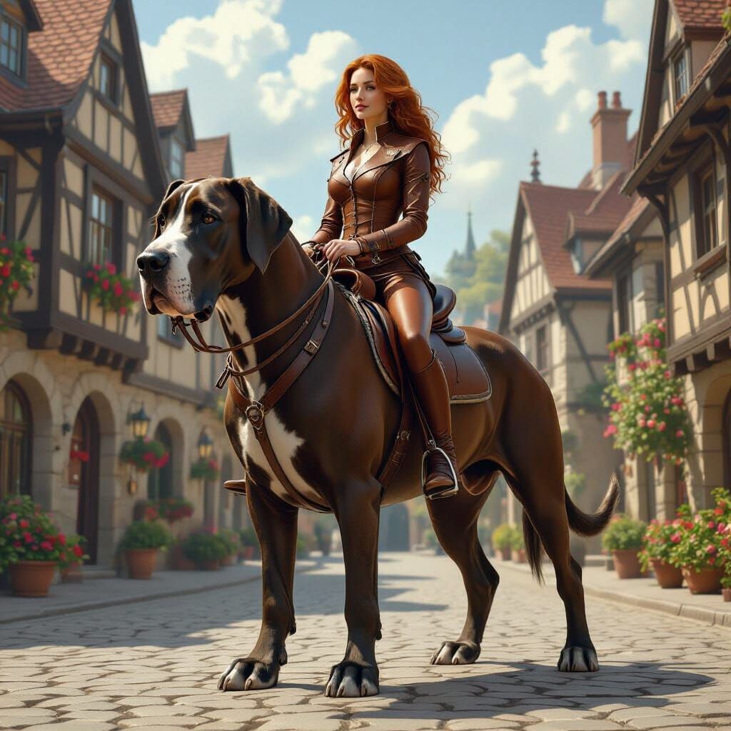 Woman Rides Giant Great Dane in Realistic Cobblestone Town