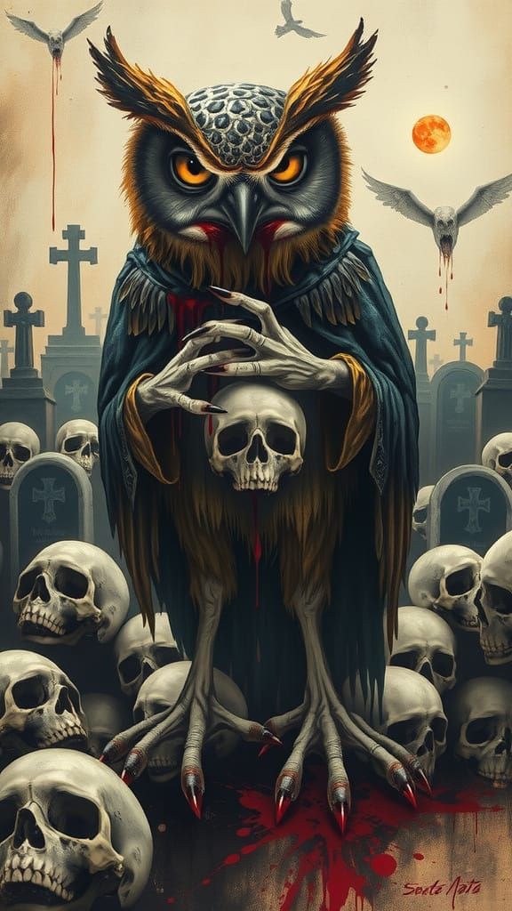 Humanoid owl figure in tattered inquisitor's garb, with talon-clawed hands and spiked feet