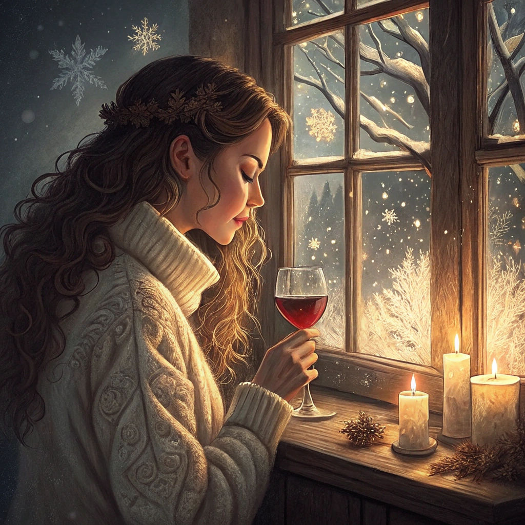 Cozy Winter Scene with Wine, Fire, and Snow