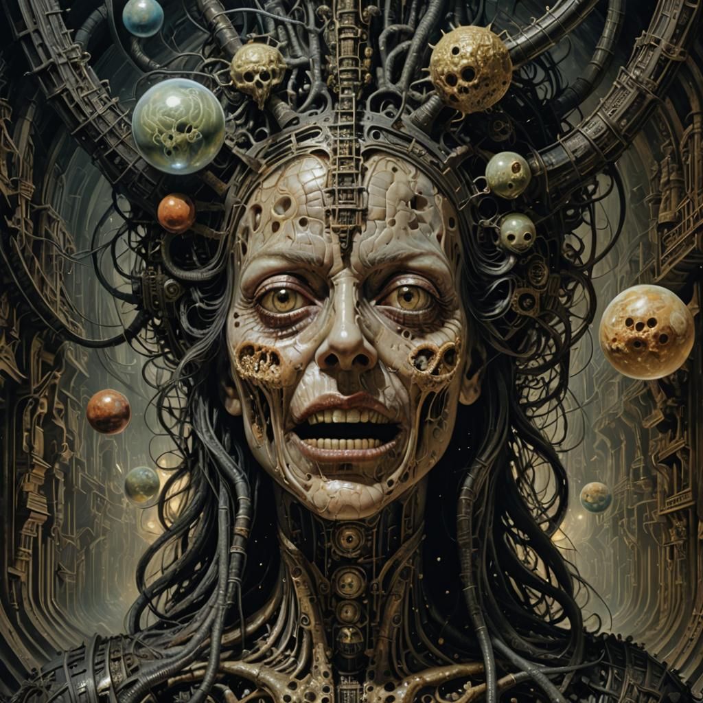 Horror, road into a giant mouth, planets in the brain, woman...