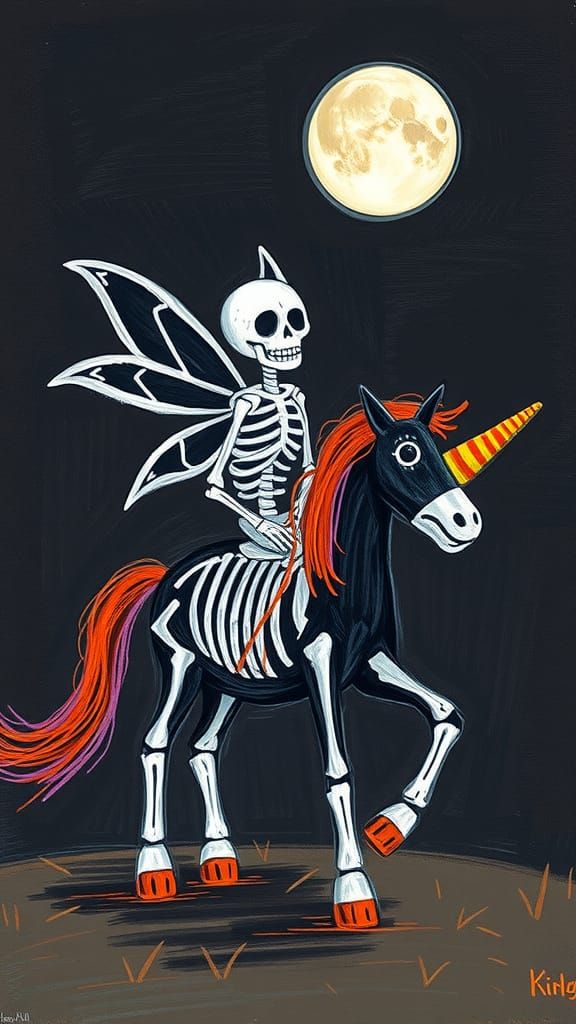 Fairy Skeleton on Unicorn: Naive Crayon Art