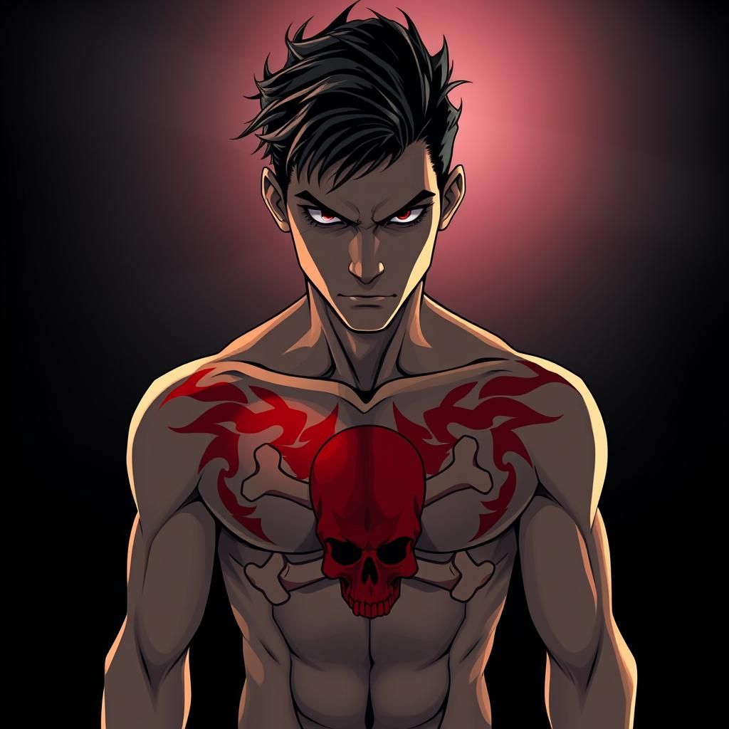 A 20 year old guy with red skull and bones chest tattoo