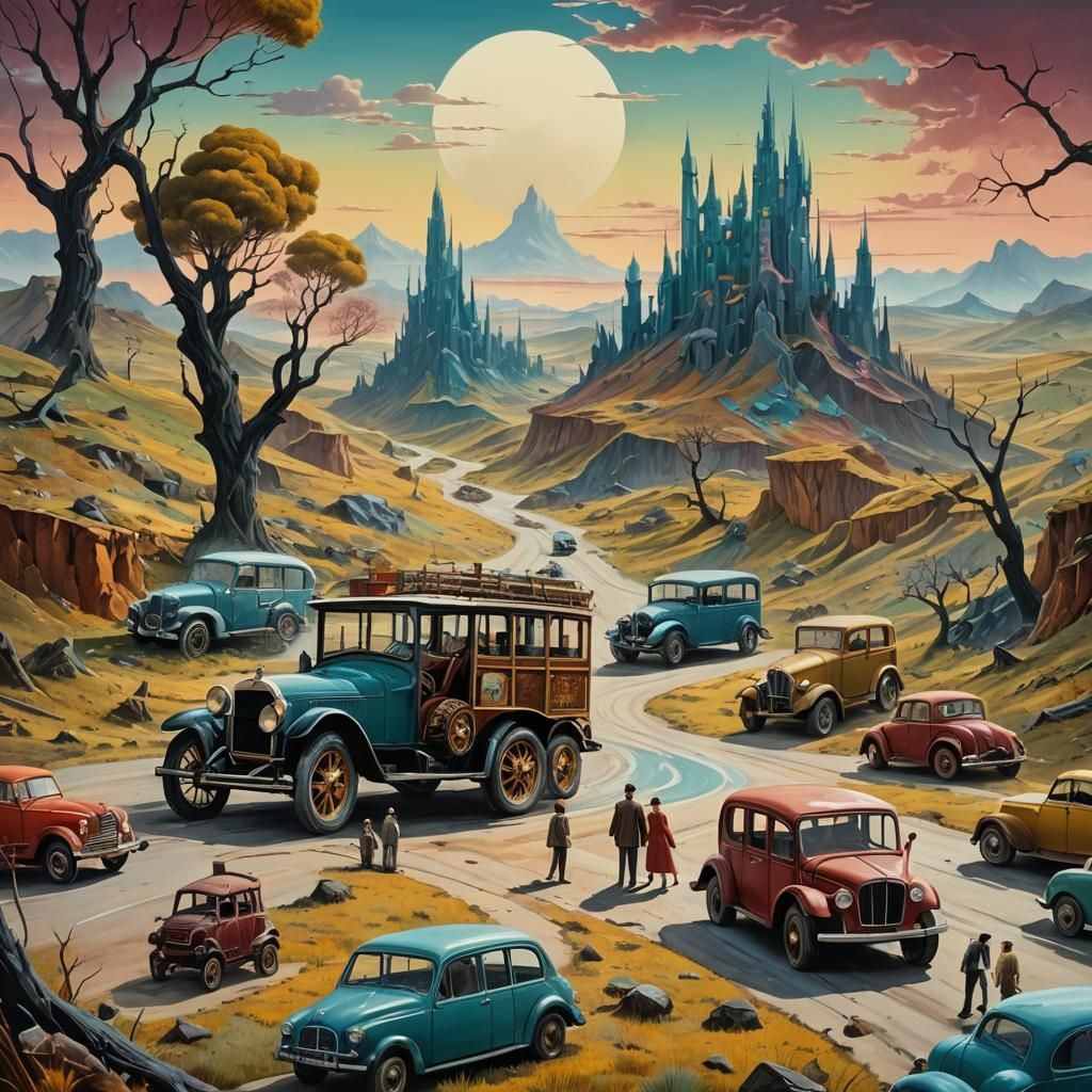 Surrealist Figures on Wheels in Cinematic Landscape