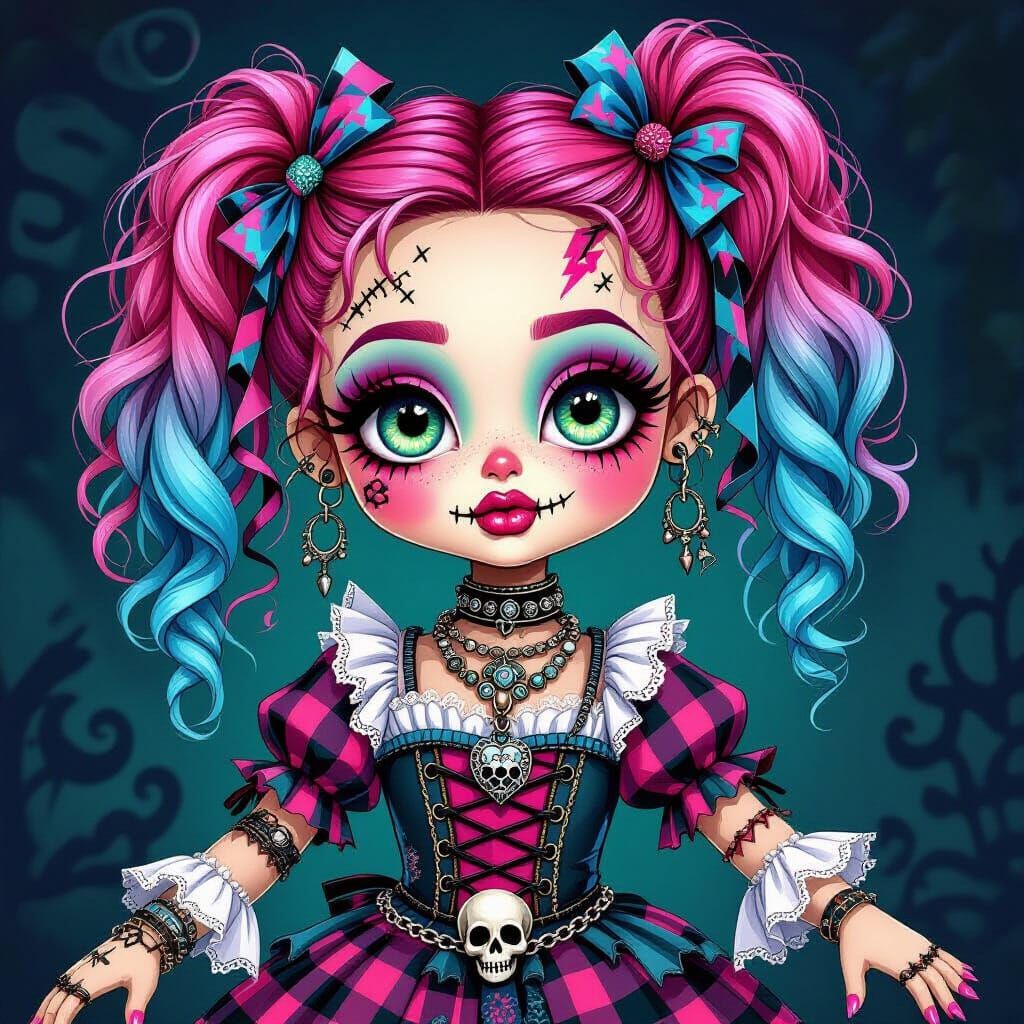 Gothic Voodoo Doll with Pink & Blue Hair