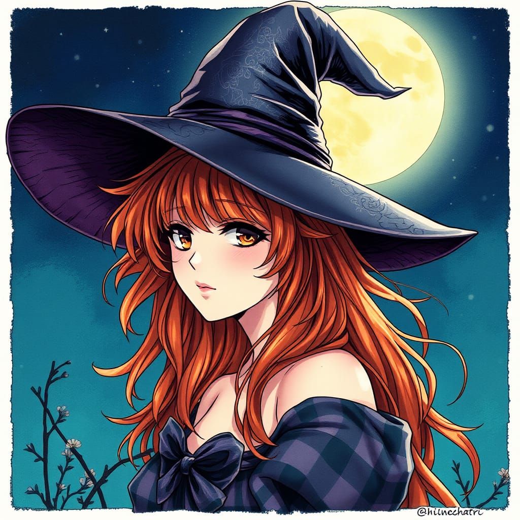 Auburn-Haired Witch Under Full Moon: Anime Illustration
