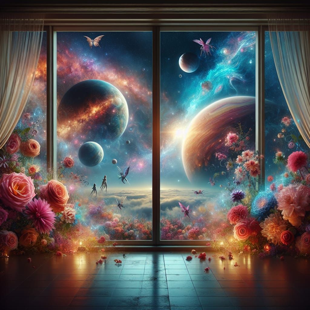 Surreal Window to a Cosmic Flower Garden