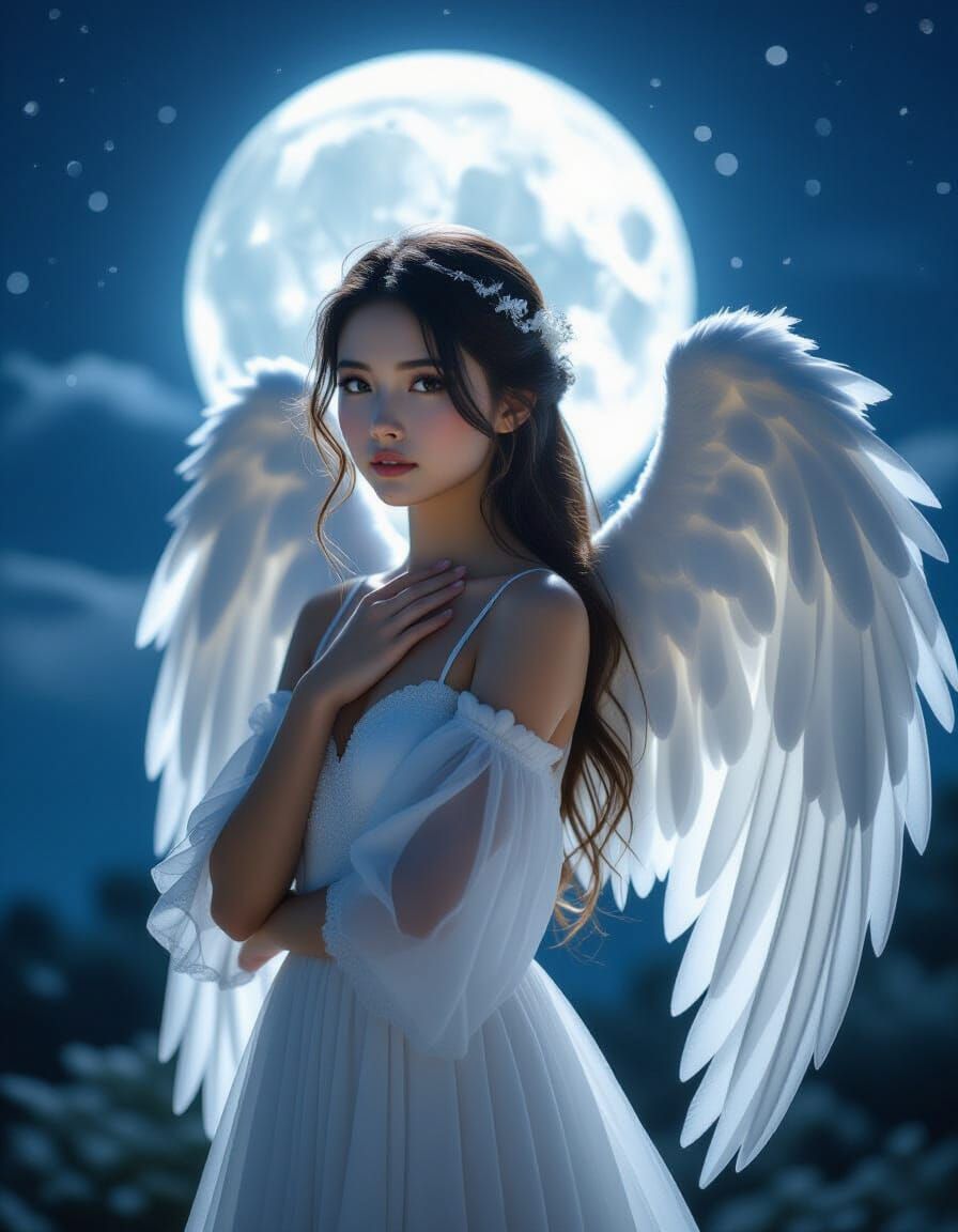 Ethereal Angel Portrait with White Wings in Moonlight