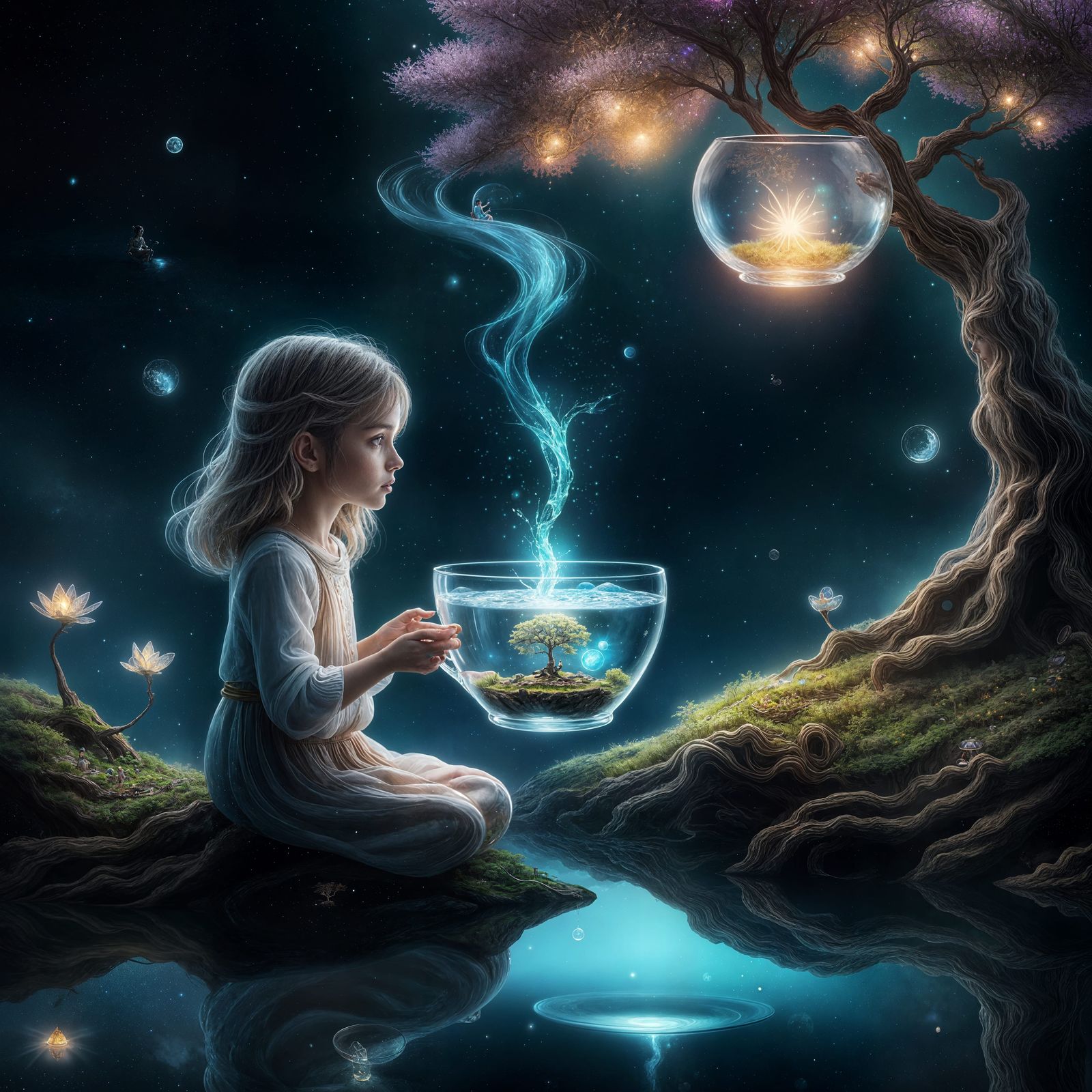 Glowing Teacup Island in Space Universe