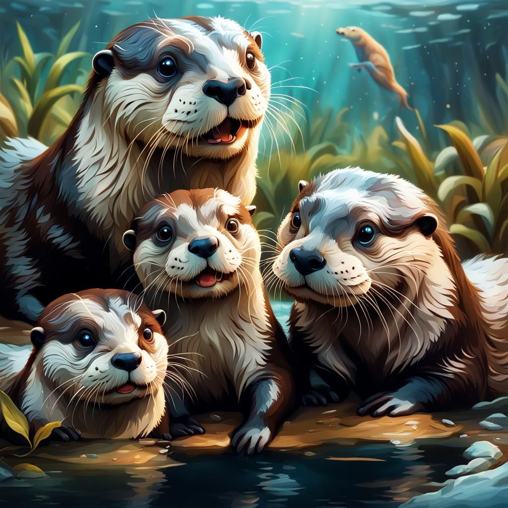 Happy Otters in Natural Habitat: Digital Matte Painting