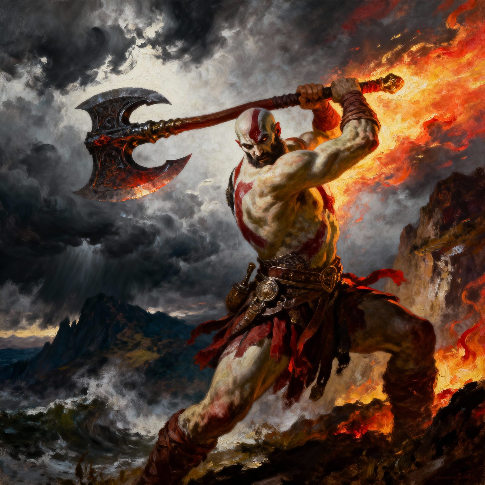 Kratos in Epic Oil Painting Action With Leviathan Axe