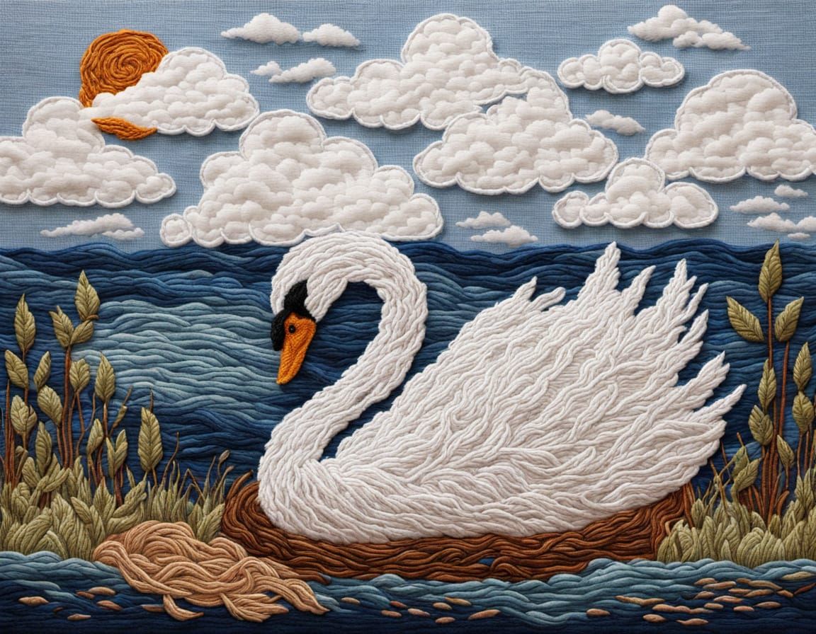 Embroidered Swan Needlepoint with Thick Threads