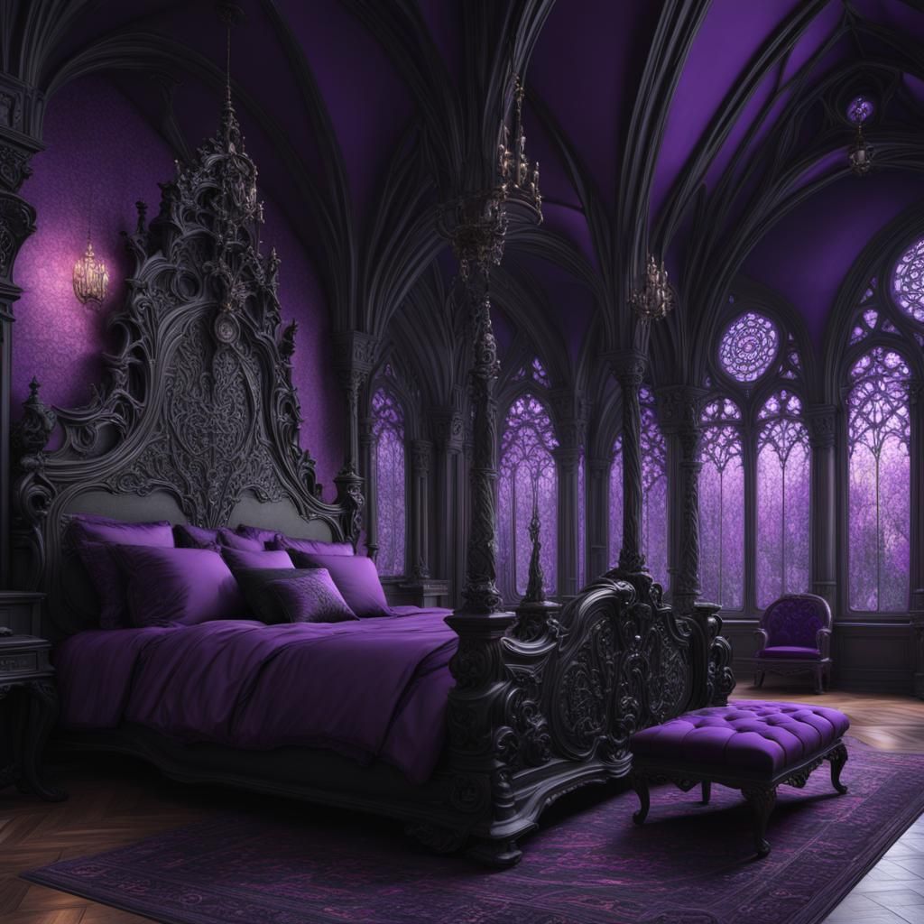 Beautiful purple and black gothic bed& hyperdetailed art nou...