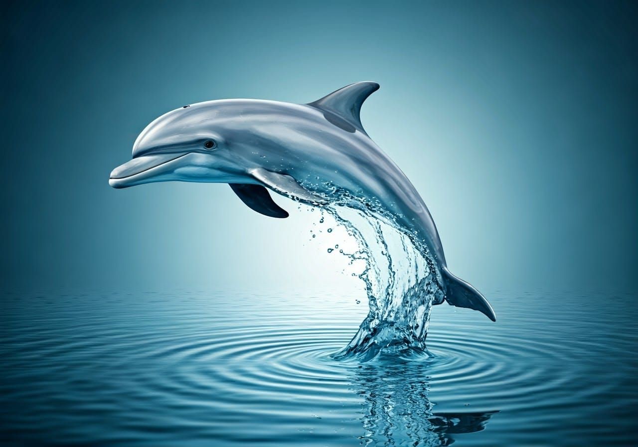 Dolphin Emerging from Water in a Splash of Blue