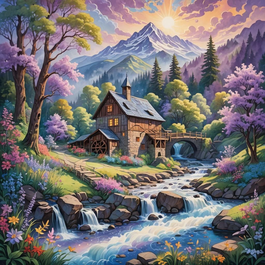 Old Mill by Mountain Stream in Folk Art Style