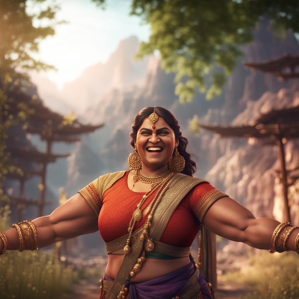 Confident Indian Woman Flexing: Detailed Digital Art