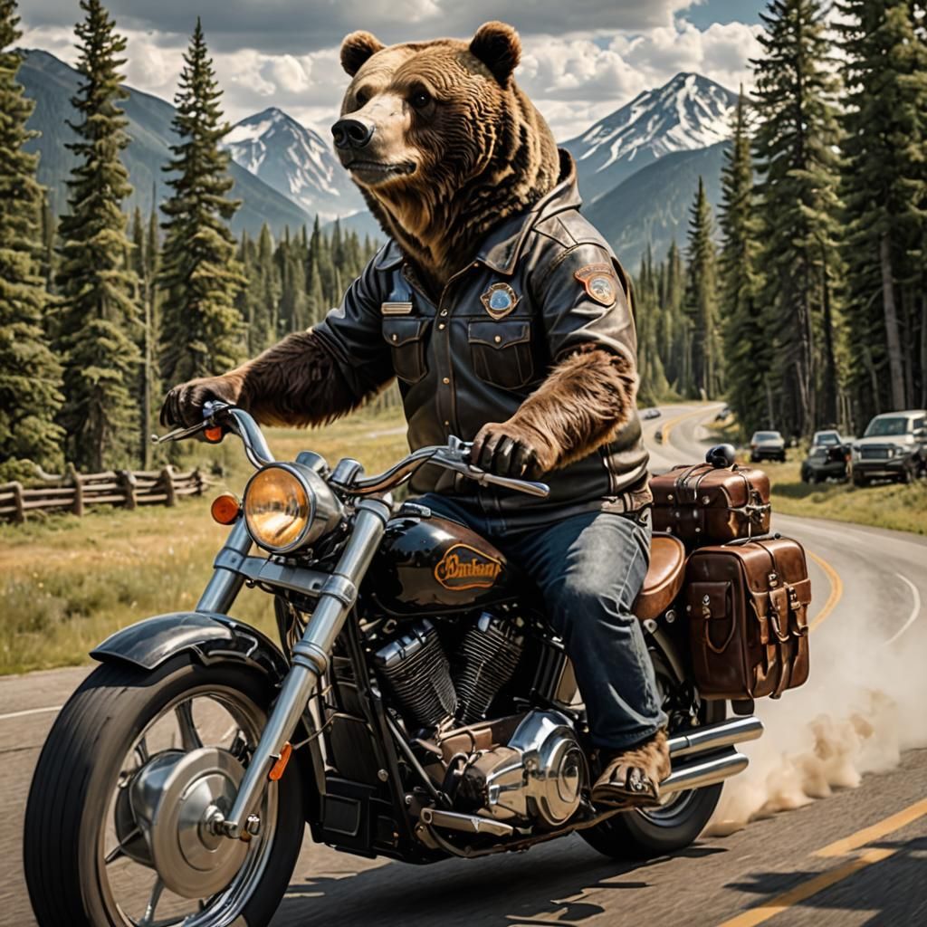 Grizzly Bear Rides Time-Traveling Harley in Futuristic Lands...