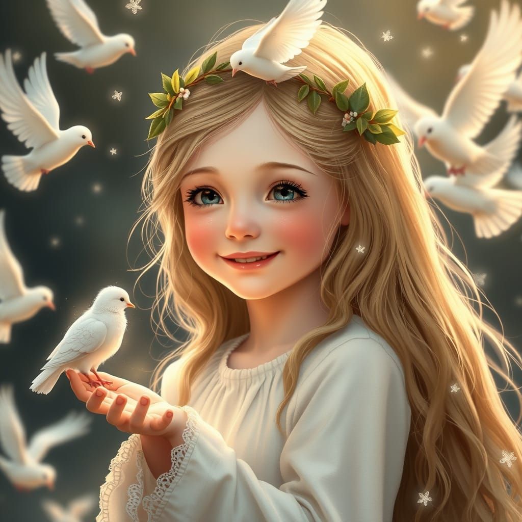 Whimsical Young Girl Holds Treat for a Dove in Soft, Etherea...