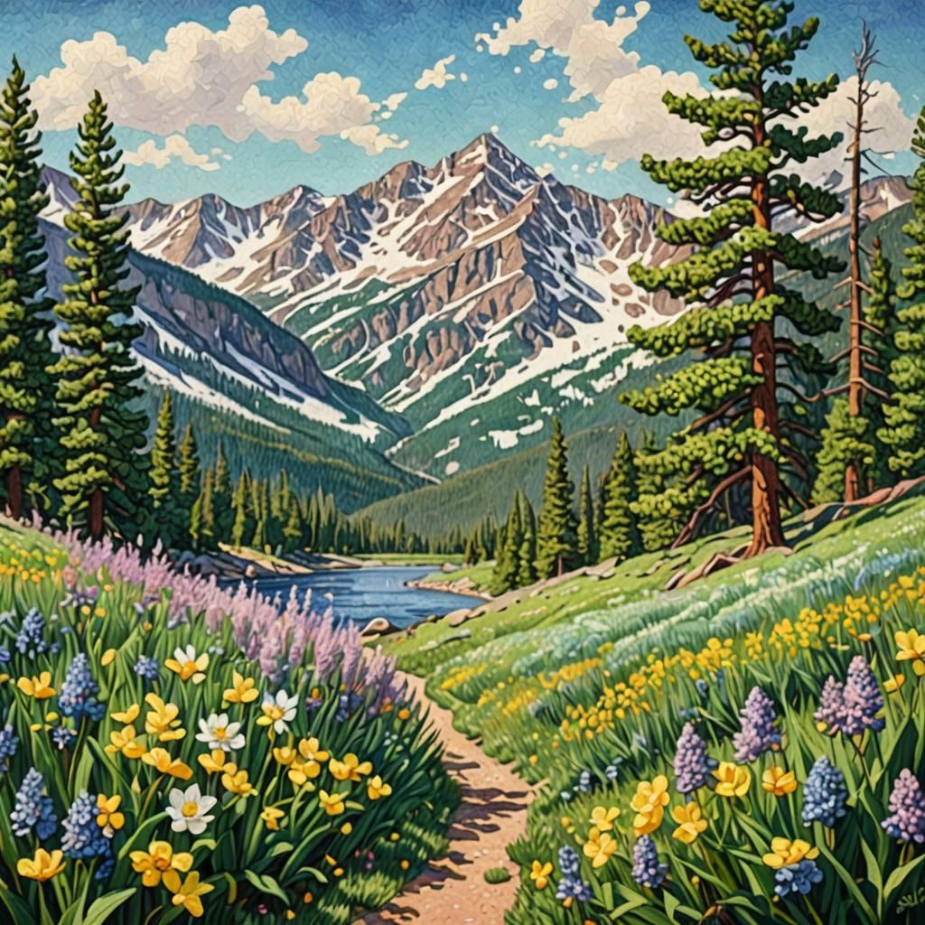Rocky Mountain Spring in Pointillism Style