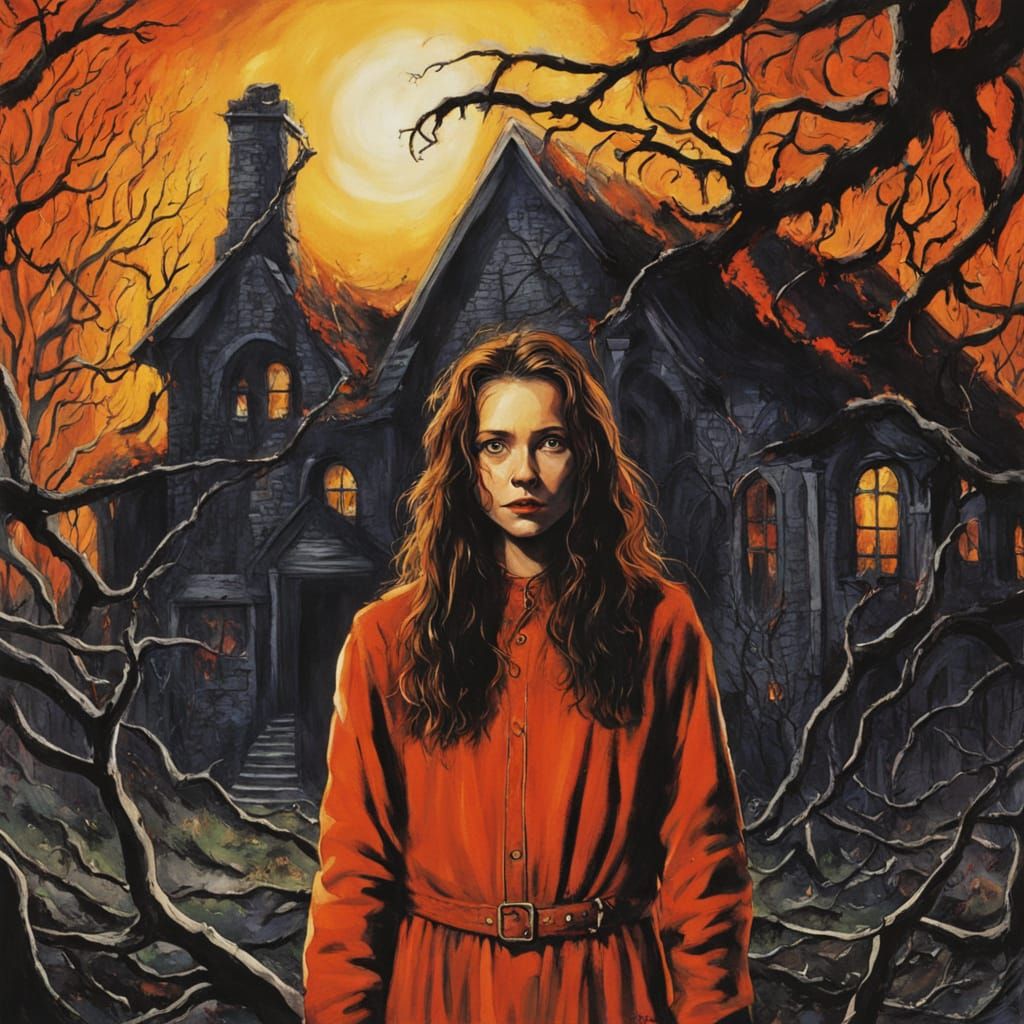 Girl Consumed by Flames in Eerie Dark Fantasy Oil Painting