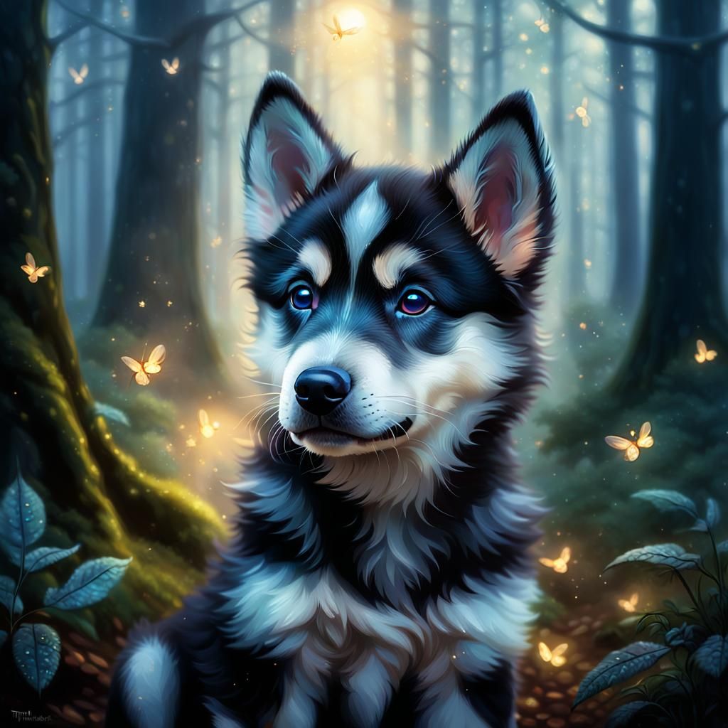 Husky Shepherd Puppy in Ethereal Forest, Oil Painting