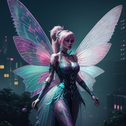 Cyberpunk Fairy with Neon Glow and Lace Details