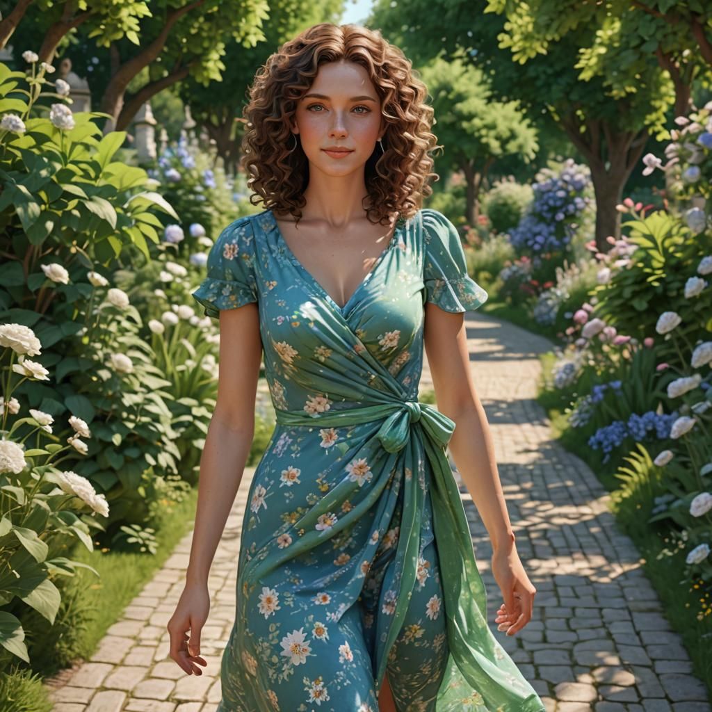 Attractive Woman with Green Eyes in Summer Dress