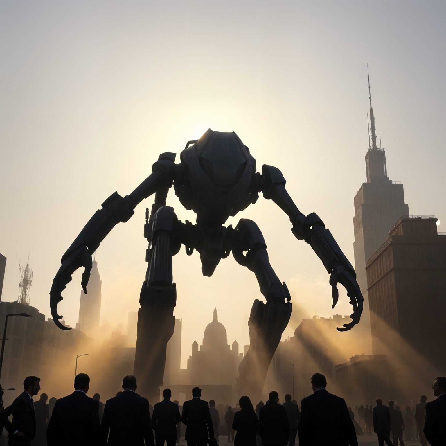 Giant Alien Robot Silhouette in Cityscape