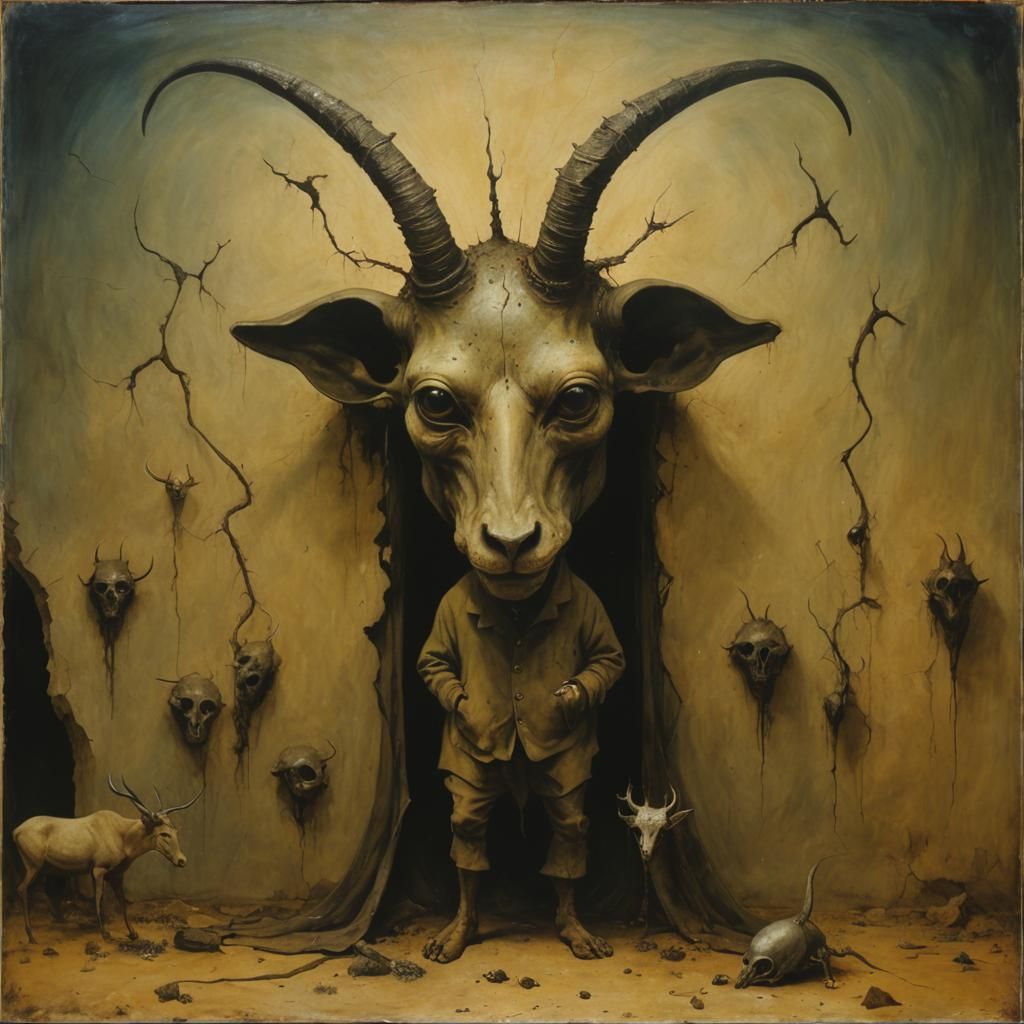 Antelope-Headed Man in Decaying Surrealist Landscape