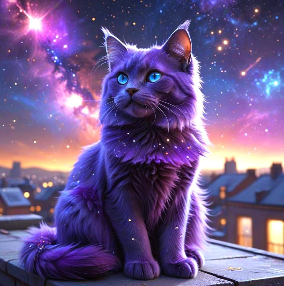 Whimsical Galactic Cat on Rooftop Oasis