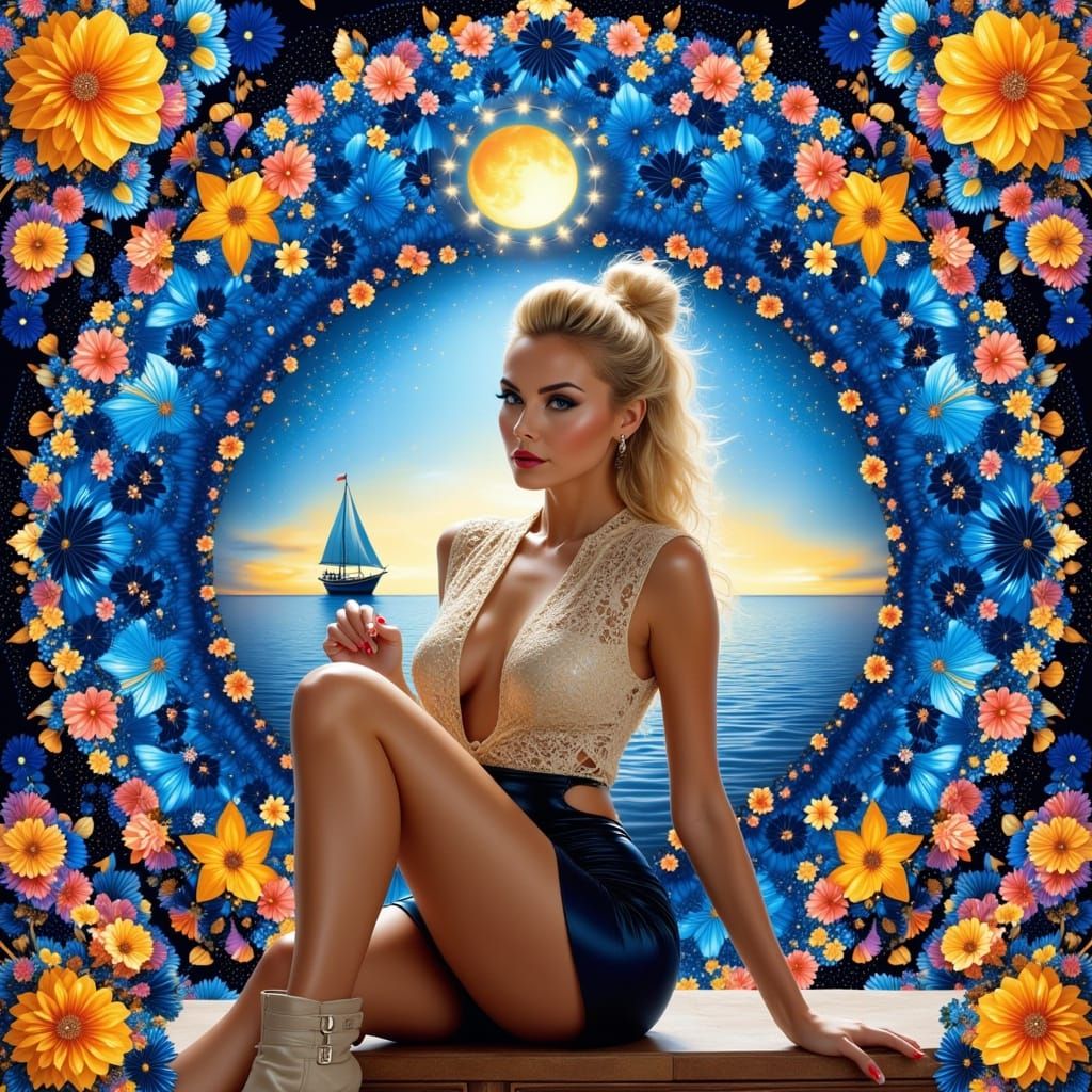 Woman by the Sea in Kaleidoscope Floral Style