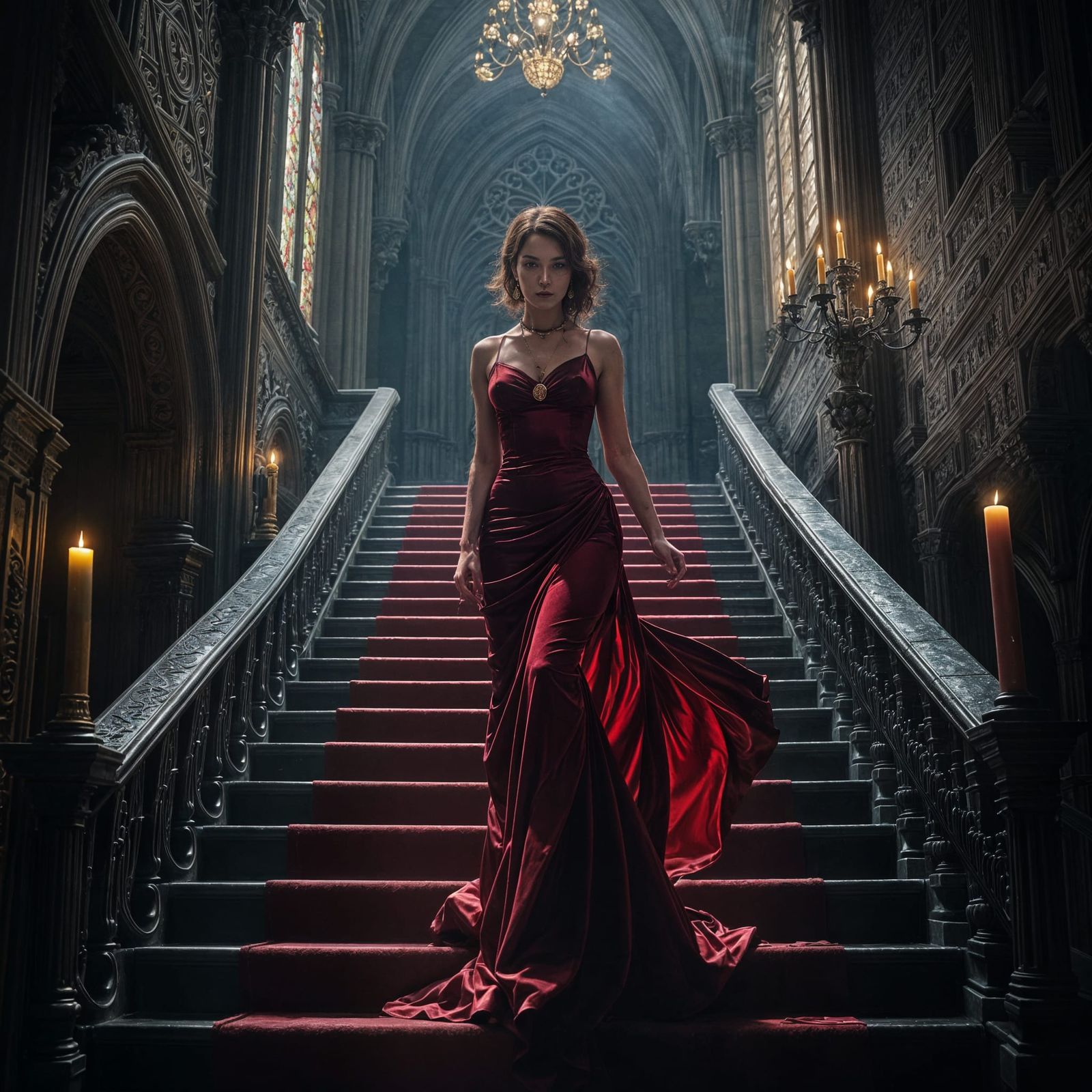 Woman in Red Gown Descending Gothic Staircase
